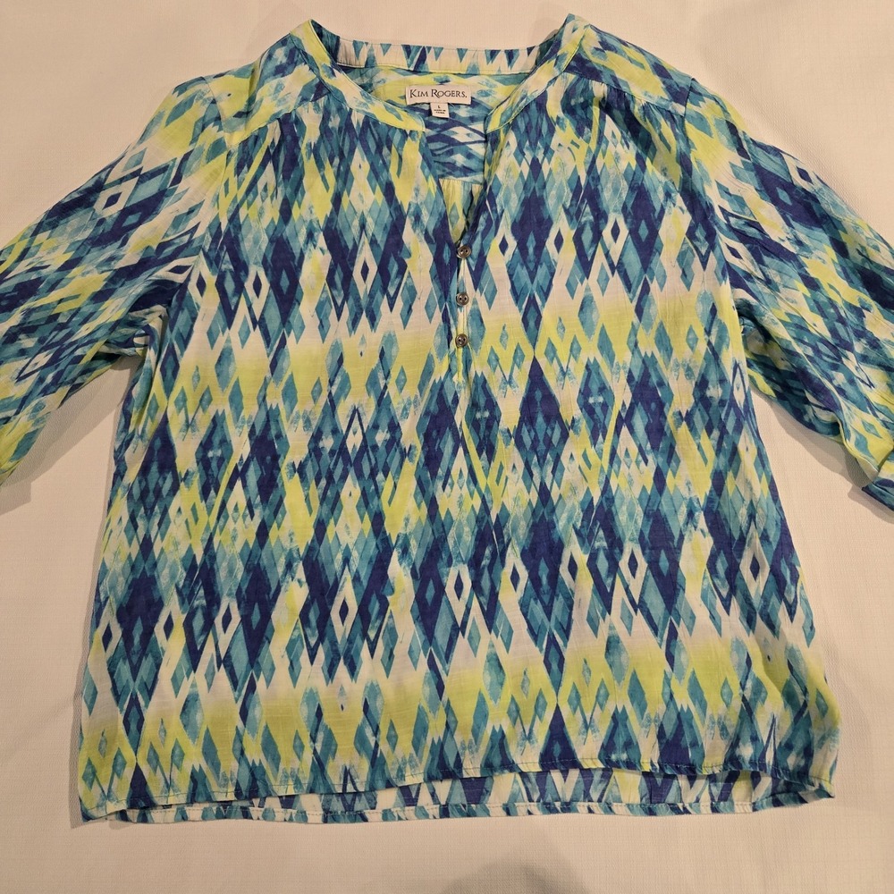 Kim Rogers Abstract Blue Green White Blouse‎ 3/4 Sleeves w/cuff and Button Large